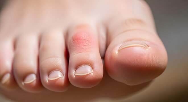 Red swollen second toe with inflammation and joint pain. Podiatry and foot health care. Close up of human foot with gout or infection on a toe