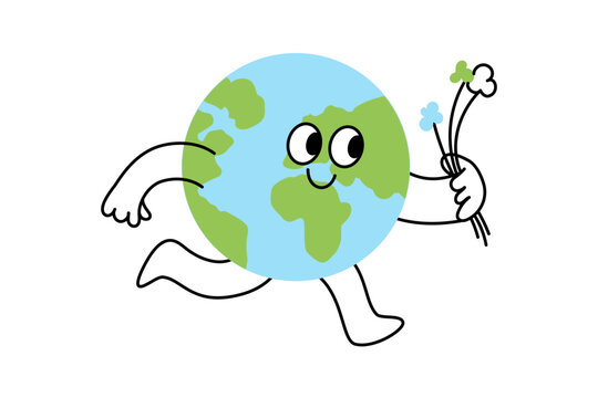 Vector illustration in flat linear minimal hand drawn simple style and logo design template, ecology concept, funny friendly planet earth mascot