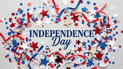 Obraz premium Vibrant patriotic confetti and glittering stars joyfully scattered to celebrate America's cherished Independence Day holiday
