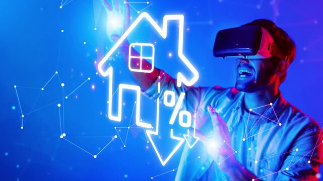 Futuristic Virtual Reality Experience with User Interacting with House and Percentage Symbols for Real Estate Concept Sigmoid