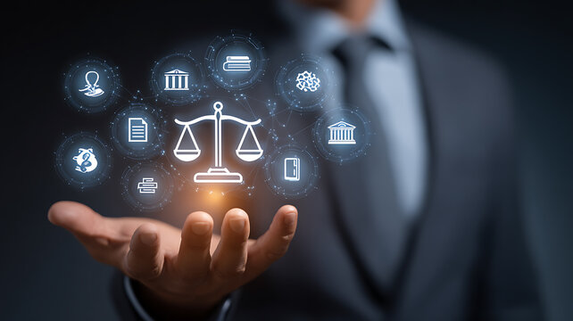 Businessman presenting justice law icons on his hand in a digital concept