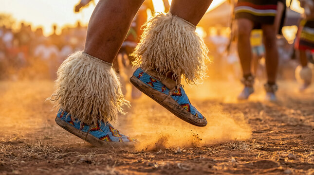 Native American beaded moccasins fur trim dancing dust sunset group powwow traditional regalia indigenous heritage ceremonial footwear cultural celebration motion energy vibrant feet