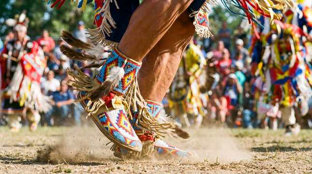 Native American powwow dancer beaded moccasins fringe regalia dust crowd traditional celebration indigenous heritage ceremonial footwear cultural dance energy motion festival authentic