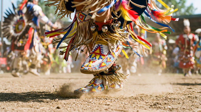 Native American powwow dancer colorful beaded moccasins fringe regalia dust flying traditional celebration indigenous heritage ceremonial footwear cultural dance energy motion festival