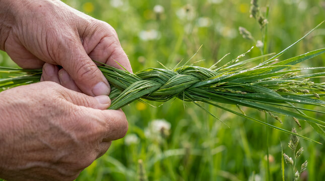 Hands braiding sweetgrass outdoors meadow wildflowers traditional indigenous ceremony heritage ancestral craft medicine plant nature spiritual natural weaving healing sacred close-up