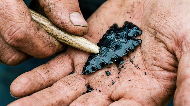 Hands holding obsidian arrowhead antler pressure flaker traditional indigenous stone tool craft heritage ancestral skill survival primitive close-up creation ancient handmade authentic
