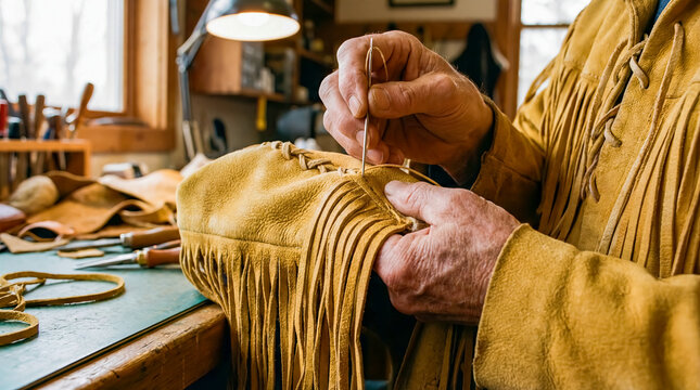 Native American buckskin fringe leather bag sewing needle hands workshop traditional craft indigenous heritage ancestral skill artisan handmade leatherwork close-up detailed creation