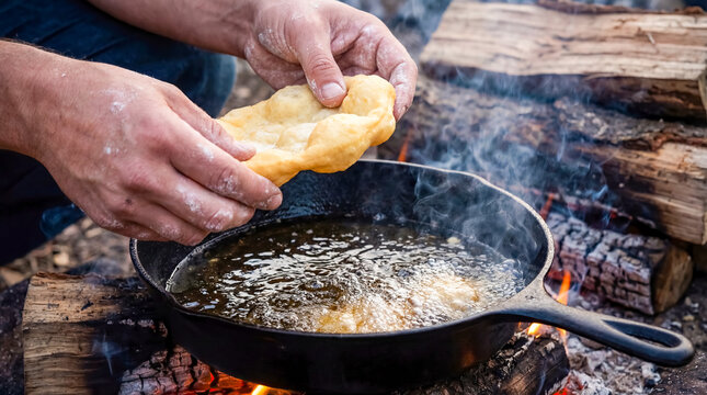 Native American fry bread cast iron skillet campfire hands traditional food indigenous heritage ancestral recipe cooking outdoor survival culture close-up golden fried dough authentic