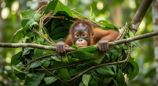 Baby Orangutan in Nest A Glimpse into Borneos Wildlife.