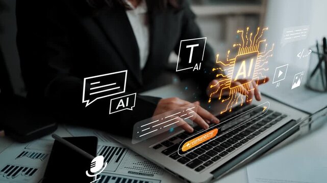 Modern Businesswoman Working on Laptop with Artificial Intelligence Graphics and Data Visualization in Office Environment Gluon.