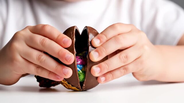 Young child's hands carefully unwrapping a foil-covered chocolate Easter egg, revealing colorful toy candy inside for a joyful childhood surprise concept