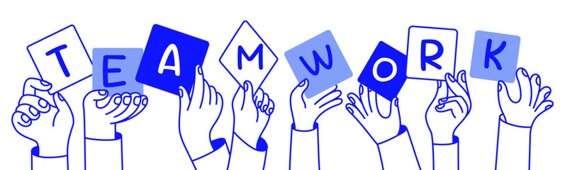 Hands holding teamwork phrase. Vector simple linear illustration, hands and gesture, hand drawn illustration, poster, logo, print design template, business and creative work concept,