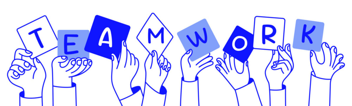 Hands holding teamwork phrase. Vector simple linear illustration, hands and gesture, hand drawn illustration, poster, logo, print design template, business and creative work concept,