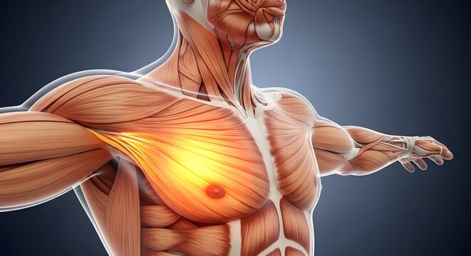Pectoral muscle anatomy and human muscular system. Fitness and chest muscle physiology. Male body rendering showing highlighted pectoralis major and upper body muscular structure