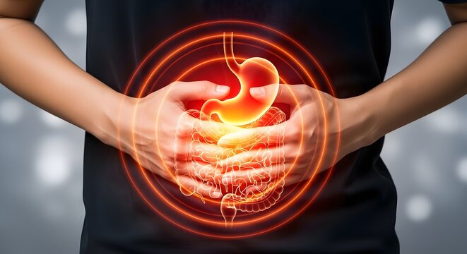 Stomach ache and chronic digestive inflammation. Gastritis and abdominal pain symptoms. Human holding torso with circular light effect focusing on stomach and intestinal tract