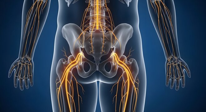 Human nervous system and sciatic nerve anatomy. Neurology and spinal cord distribution. Transparent 3D rendering of the body showing the spine and peripheral nerves in the legs