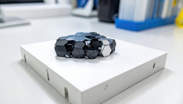 Intricate hexagonal graphite crystal cluster showcasing its geometric structure and material science properties