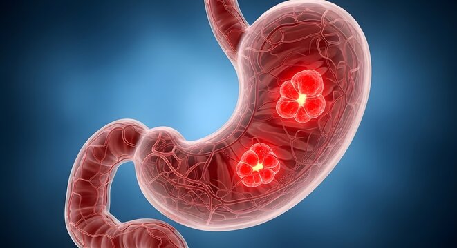 Stomach cancer and gastric tumor development. Internal organ disease and oncology research. Transparent view of the stomach and duodenum showing localized red inflammatory masses