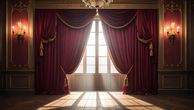 Sumptuous burgundy velvet curtains with gold tassels pulled back, revealing a bright sunlit window and casting dramatic shadows on the wooden floor.
