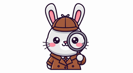 Obraz premium Cute cartoon rabbit detective with magnifying glass and trench coat
