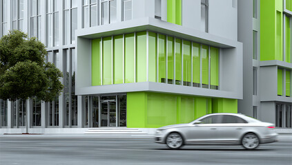 Fototapeta premium A silver car drives past a modern building with green accents and large windows on a city street
