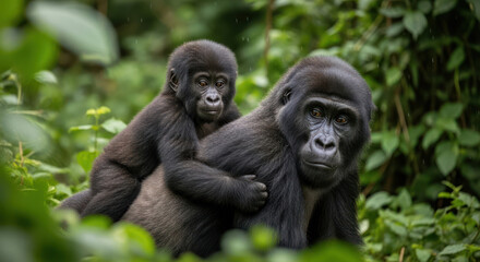 Naklejka premium Mountain Gorilla Mother and Baby in Lush Green Forest.