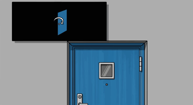 A blue door with a small window and knob, near a black rectangular sign with a blue flap
