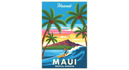 Surfer Riding Wave in Maui, Hawaii Tropical Paradise Sunset Palm Trees © Yunan