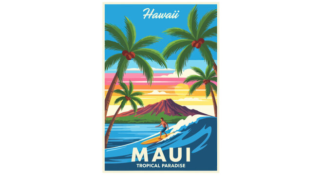 Surfer Riding Wave in Maui, Hawaii Tropical Paradise Sunset Palm Trees