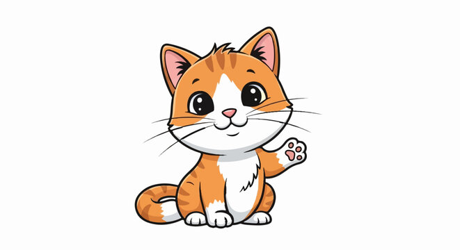 A cute cartoon ginger and white kitten sits and waves hello