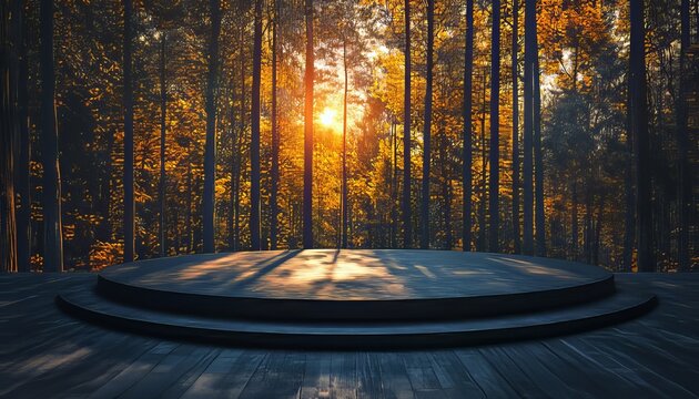 A Stunning Stage with a Unique Artistic Wood Platform in an Enchanting Autumn Forest Setting