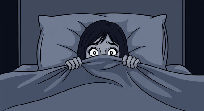 A terrified person peeks out from under a blanket in a dark room at night