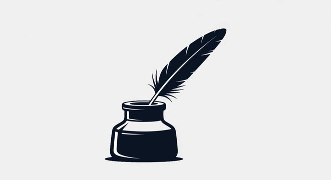 A dark, stylized illustration of a quill pen resting in an inkwell against a pale background