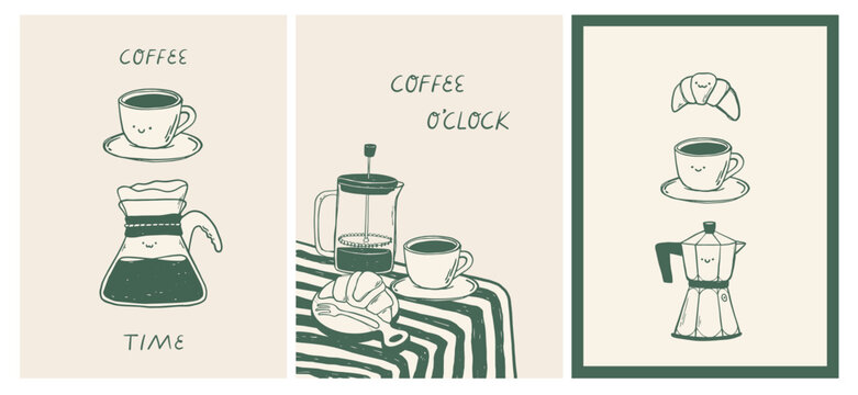 Retro coffee posters with espresso cups, croissants, moka pots and lettering quotes. Good for interior wall art decor, cards, banners, wallpapers, prints, etc. EPS 10