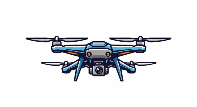 Cartoon illustration of a blue and orange multi-rotor drone with a camera