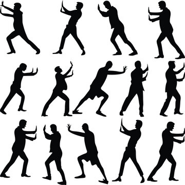 Businessman Pushing Invisible Wall silhouette set. People pushing a pose silhouette. People pushing pose silhouette, Male pushing pose silhouette.