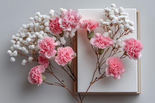 Creative spring greeting card with branches of white and pink gypsophila and fresh carnations, framed in a square photo frame