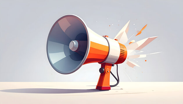 Cartoon megaphone with loud sound bursts orange and white design announcement