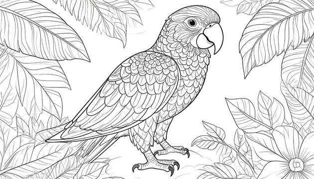 A detailed line drawing of a parrot amidst tropical foliage, ready for coloring. It is in a realistic style