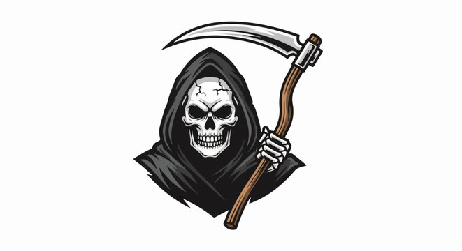 Grim reaper figure with cracked skull and scythe