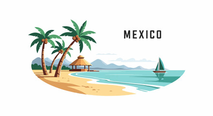 Obraz premium Tropical beach scene with palm trees, hut, sailboat, and mountains