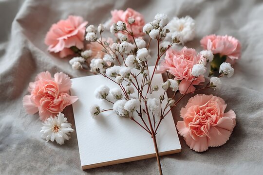 Creative spring greeting card with branches of white and pink gypsophila and fresh carnations, framed in a square photo frame