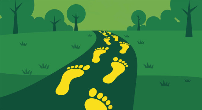 Yellow footprints pave a path through a stylized green forest landscape