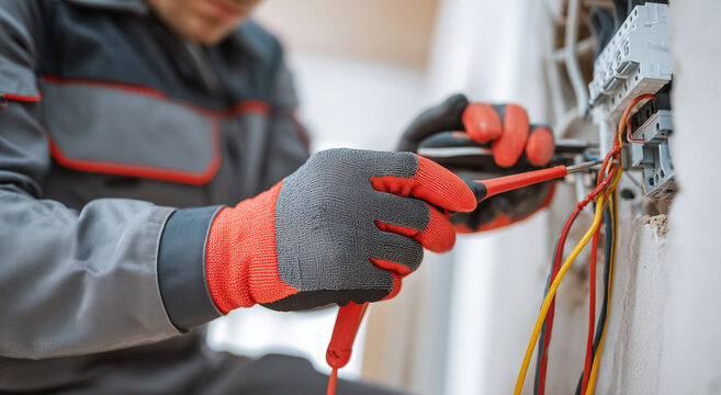 Electrician testing wires with multimeter in control box; close-up industrial style, safety and maintenance concept, ideal for engineering, construction, service, training and technical visuals