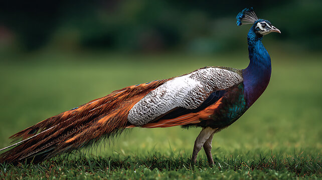 A vibrant peacock standing on green grass with its colorful feathers on display in a natural setting outdoors