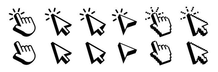 Obraz premium Pointer cursor сomputer mouse icon. Clicking cursor, pointing hand clicks icons. Click cursor. Vector Illustration.
