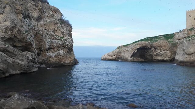 Historic Sile Castle on Rocky Island at Black Sea Coast in Istanbul Turkey. High quality 4k footage