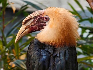 Colorful hornbill with striking features. Exotic bird with textured face and curved beak among foliage © Vladimir