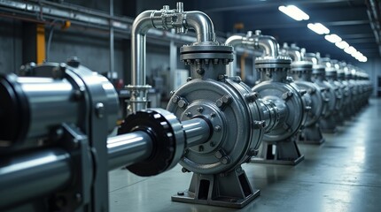 Naklejka premium Industrial water pumps and pipes in a modern factory.