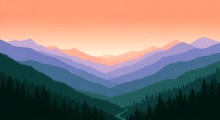 Obraz premium Serene mountain range at sunset with trees in foreground